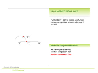 Appunti di tecnologia
Prof. Chiarenza
Dati tecnici utili per la costruzione:
apertura compasso = 2 cm
apertura compasso = 2 cm
Puntando in 1 con la stessa apertura di
compasso tracciare un arco e trovare il
punto 2
A 1
2
B
AB = 6 cm (lato quadrato)
13) QUADRATO DATO IL LATO
 