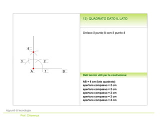 Appunti di tecnologia
Prof. Chiarenza
Dati tecnici utili per la costruzione:
apertura compasso = 2 cm
apertura compasso = 2 cm
Unisco il punto A con il punto 4
apertura compasso = 2 cm
apertura compasso = 2 cm
A 1
4
apertura compasso = 2 cm
B
2
3
AB = 6 cm (lato quadrato)
13) QUADRATO DATO IL LATO
 