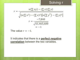 𝑟 =
𝑛 𝑥𝑦 − 𝑥 𝑦
𝑛 𝑥2 − 𝑥 2 𝑛 𝑦
2
− 𝑦 2
𝑟 =
−7,840
61,465,600
= −1
The value 𝑟 = −1.
It indicates that there is a perfect negative
correlation between the two variables.
Solving r
 