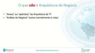 https://arquiteturacorporativa.com.br
O que não é Arquitetura de Negócio
• “Anexo” ou “apêndice” da Arquitetura de TI
• “Análise de Negócio” (como normalmente é vista)
 