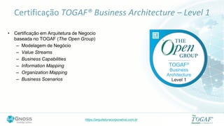 https://arquiteturacorporativa.com.br
Certificação TOGAF® Business Architecture – Level 1
• Certificação em Arquitetura de Negocio
baseada no TOGAF (The Open Group)
– Modelagem de Negócio
– Value Streams
– Business Capabilities
– Information Mapping
– Organization Mapping
– Business Scenarios
 