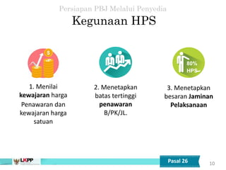 1. Menilai
kewajaran harga
Penawaran dan
kewajaran harga
satuan
2. Menetapkan
batas tertinggi
penawaran
B/PK/JL.
3. Menetapkan
besaran Jaminan
Pelaksanaan
10
80%
HPS
Pasal 26
Kegunaan HPS
Persiapan PBJ Melalui Penyedia
 