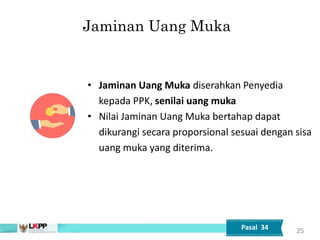 Jaminan Uang Muka
25
Pasal 34
• Jaminan Uang Muka diserahkan Penyedia
kepada PPK, senilai uang muka
• Nilai Jaminan Uang Muka bertahap dapat
dikurangi secara proporsional sesuai dengan sisa
uang muka yang diterima.
 
