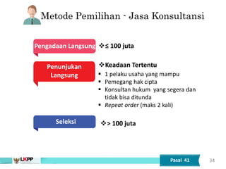 Metode Pemilihan - Jasa Konsultansi
Pengadaan Langsung
Penunjukan
Langsung
Keadaan Tertentu
≤ 100 juta
 1 pelaku usaha yang mampu
 Pemegang hak cipta
 Konsultan hukum yang segera dan
tidak bisa ditunda
 Repeat order (maks 2 kali)
34
> 100 juta
Pasal 41
Seleksi
 