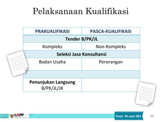 Pelaksanaan Kualifikasi
PRAKUALIFIKASI PASCA-KUALIFIKASI
Tender B/PK/JL
Kompleks Non-Kompleks
Seleksi Jasa Konsultansi
Badan Usaha Perorangan
Penunjukan Langsung
B/PK/JL/JK
44
Pasal 44 ayat 3&5
 