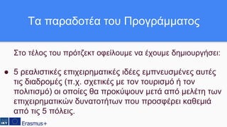 Στο τέλος του πρότζεκτ οφείλουμε να έχουμε δημιουργήσει:
● 5 ρεαλιστικές επιχειρηματικές ιδέες εμπνευσμένες αυτές
τις διαδρομές (π.χ. σχετικές με τον τουρισμό ή τον
πολιτισμό) οι οποίες θα προκύψουν μετά από μελέτη των
επιχειρηματικών δυνατοτήτων που προσφέρει καθεμιά
από τις 5 πόλεις.
Τα παραδοτέα του Προγράμματος
 