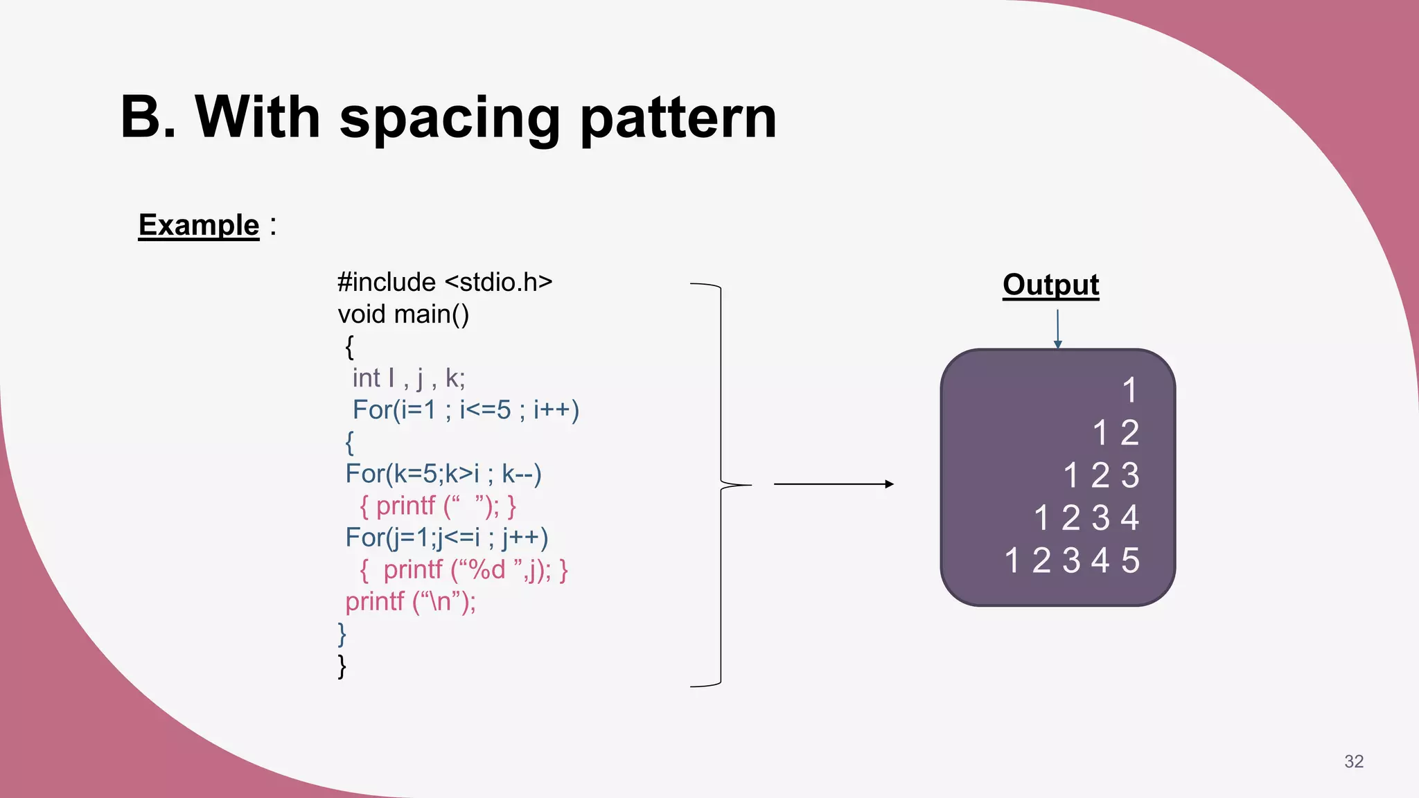 B. With spacing pattern
32
Example :
Output
#include <stdio.h>
void main()
{
int I , j , k;
For(i=1 ; i<=5 ; i++)
{
For(k=5;k>i ; k--)
{ printf (“ ”); }
For(j=1;j<=i ; j++)
{ printf (“%d ”,j); }
printf (“n”);
}
}
1
1 2
1 2 3
1 2 3 4
1 2 3 4 5
 