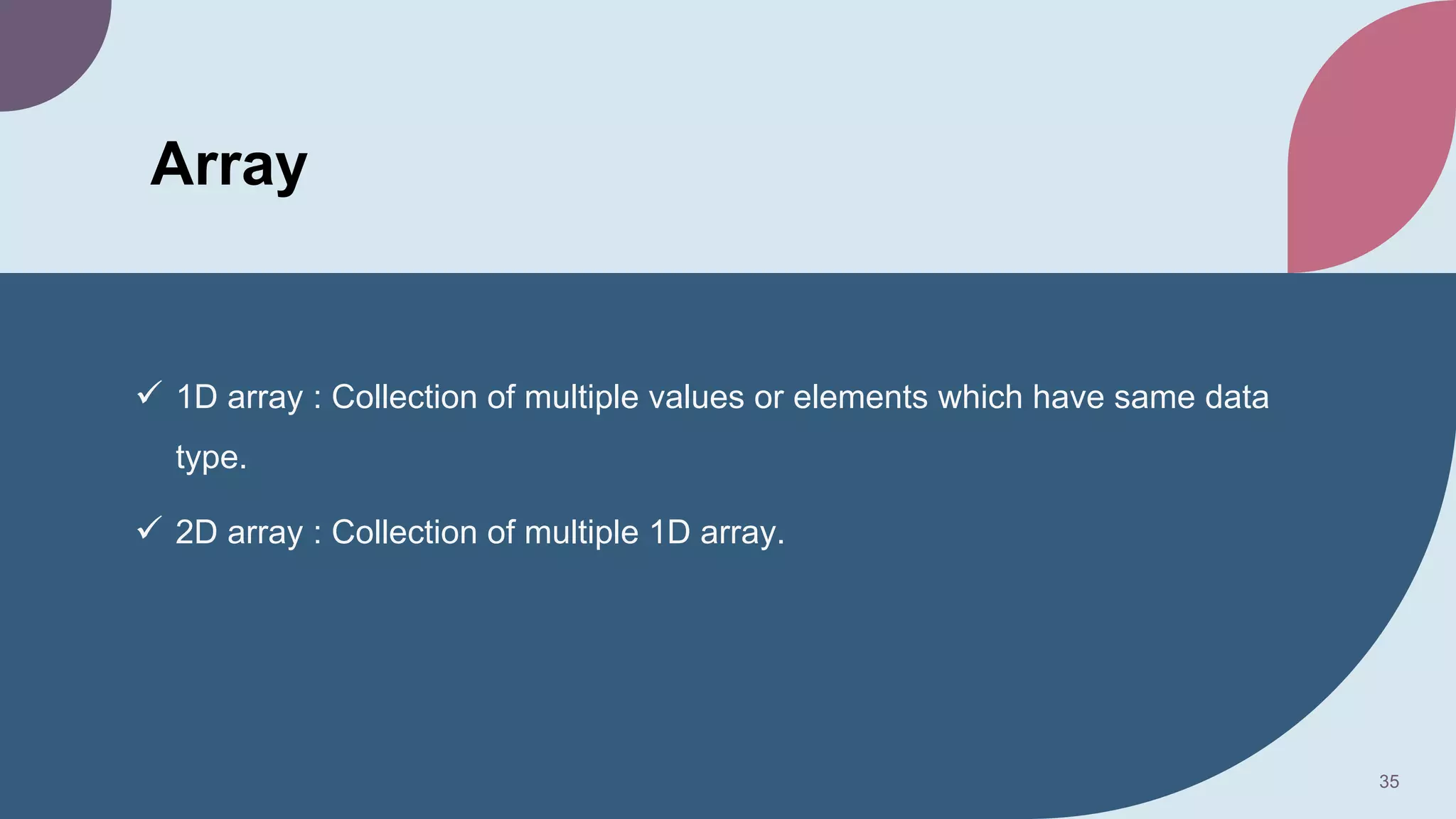 Array
 1D array : Collection of multiple values or elements which have same data
type.
 2D array : Collection of multiple 1D array.
35
 