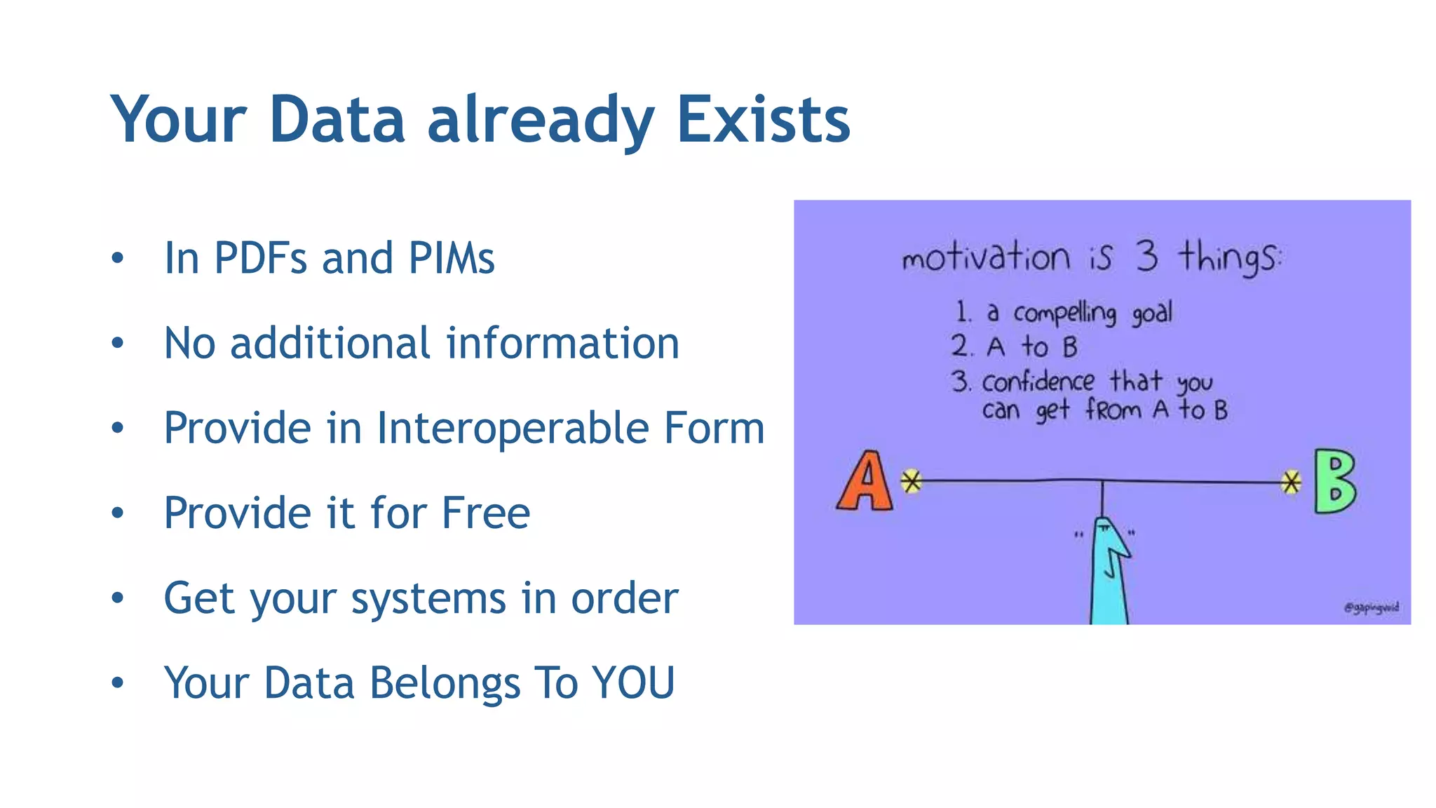 Your Data already Exists
• In PDFs and PIMs
• No additional information
• Provide in Interoperable Form
• Provide it for Free
• Get your systems in order
• Your Data Belongs To YOU
 