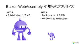 Blazor WebAssembly ⼩規模なアプリサイズ
.NET 5
• Publish size: 1.7 MB
.NET 6
• Publish size: 1.0 MB
• ~40% size reduction
 