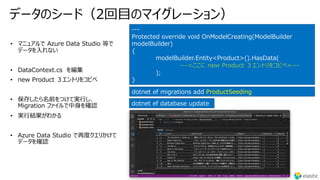 データのシード（2回⽬のマイグレーション）
---
Protected override void OnModelCreating(ModelBuilder
modelBuilder)
{
modelBuilder.Entity<Product...