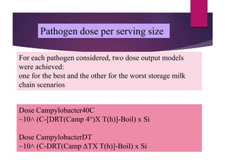 For each pathogen considered, two dose output models
were achieved:
one for the best and the other for the worst storage milk
chain scenarios
Dose Campylobacter40C
~10˄ (C-[DRT(Camp 4°)X T(h)]-Boil) x Si
Dose CampylobacterDT
~10˄ (C-DRT(Camp ΔTX T(h)]-Boil) x Si
Pathogen dose per serving size
 