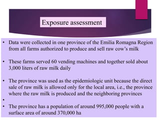 • Data were collected in one province of the Emilia Romagna Region
from all farms authorized to produce and sell raw cow’s milk
• These farms served 60 vending machines and together sold about
3,000 liters of raw milk daily
• The province was used as the epidemiologic unit because the direct
sale of raw milk is allowed only for the local area, i.e., the province
where the raw milk is produced and the neighboring provinces
•
• The province has a population of around 995,000 people with a
surface area of around 370,000 ha
Exposure assessment
 