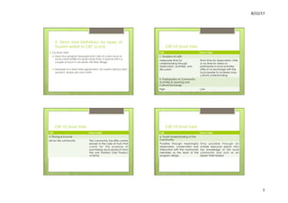 8/22/17	
  	
  
7	
  
3. Terms and Definitions for types of
Tourism similar to CBT (cont)
›  3.2 Short Visits
›  Mass tour program featured short visits of a few hours to
local communities for quite some time. A typical visit is a
couple of hours in an exotic hill tribe village.
›  Example of a short visits agrotourism, for tourists will buy farm
product, simply arts and crafts.
CBT VS Short Visits
CBT Short Visits
1. Duration of visits
Adequate time for
understanding through
observation, activities, and
discussion
Short time for observation; Little
or no time for visitors to
participate in local activities.
Little or no exchange with the
local people to increase cross-
cultural understanding.
2. Participation in Community
Activities & Learning and
Cultural Exchange
High Low
CBT VS Short Visits
CBT Short Visits
3. Pricing & Income
Set by the community The community has little control
except in the case of tours that
come for the purpose of
purchasing local products from
the one Tambon One Product
scheme.
CBT VS Short Visits
CBT Short Visits
4. Tourist Understanding of the
Community
Possible through meaningful
observation, conservation and
interaction with the community
members as the result of the
program design
Only possible through an
outside resources person who
has knowledge of the local
community and acts as an
expert intermediary
 