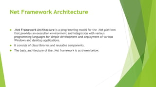 Net Framework Architecture
 .Net Framework Architecture is a programming model for the .Net platform
that provides an execution environment and integration with various
programming languages for simple development and deployment of various
Windows and desktop applications.
 It consists of class libraries and reusable components.
 The basic architecture of the .Net framework is as shown below.
 
