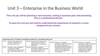 Unit 3 – Enterprise in the Business World
This unit you will be planning a new business, writing a business plan and presenting
this in a professional format.
To pass the unit you will need to understand the importance of research in every
assignment you answer.
 