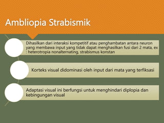 Ambliopia Strabismik
Dihasilkan dari interaksi kompetitif atau penghambatan antara neuron
yang membawa input yang tidak dapat menghasilkan fusi dari 2 mata, ex
: heterotropia nonalternating, strabismus konstan
Korteks visual didominasi oleh input dari mata yang terfiksasi
Adaptasi visual ini berfungsi untuk menghindari diplopia dan
kebingungan visual
 