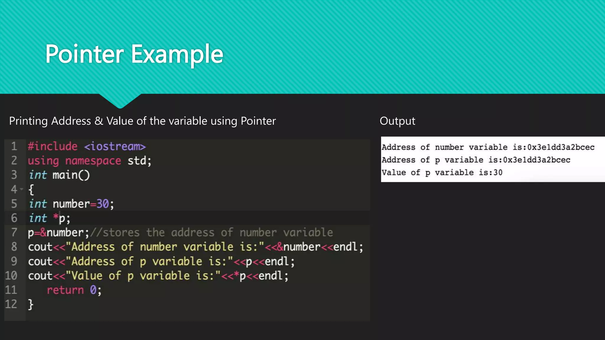 Pointer Example
Printing Address & Value of the variable using Pointer Output
 