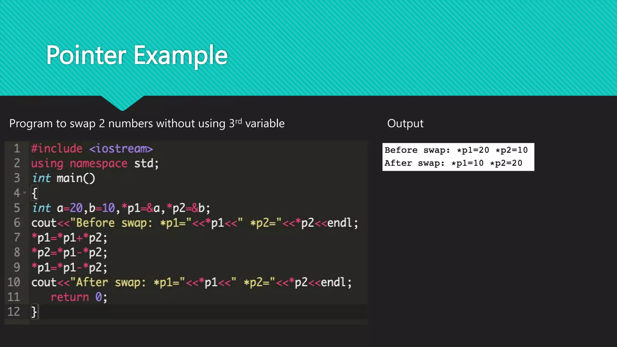 Pointer Example
Program to swap 2 numbers without using 3rd variable Output
 