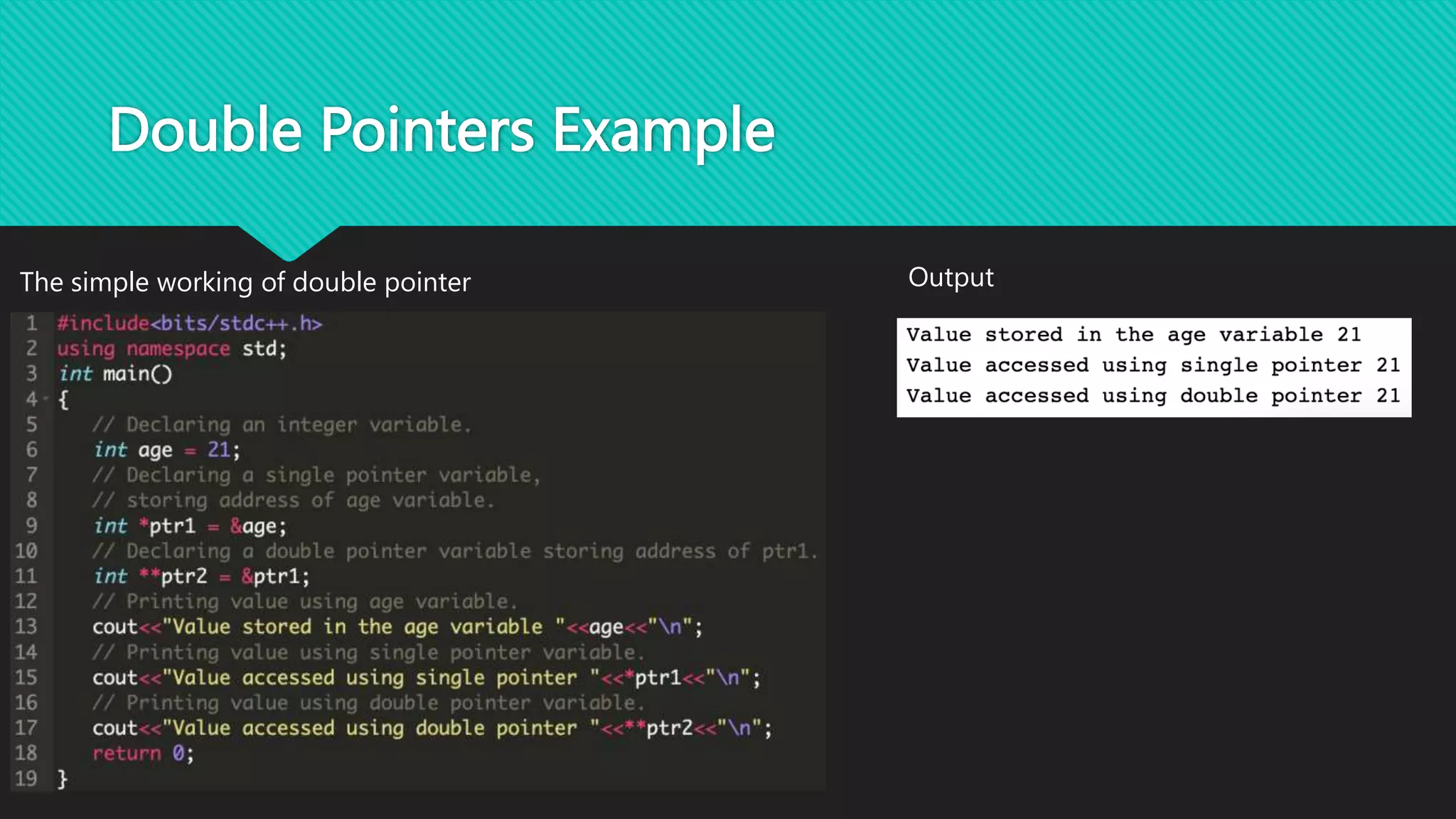 Double Pointers Example
The simple working of double pointer Output
 