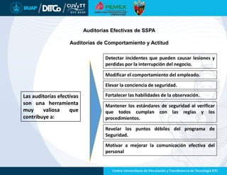 Auditorías Efectivas de SSPA
Auditorías de Comportamiento y Actitud
Las auditorías efectivas
son una herramienta
muy valiosa que
contribuye a:
Detectar incidentes que pueden causar lesiones y
perdidas por la interrupción del negocio.
Modificar el comportamiento del empleado.
Elevar la conciencia de seguridad.
Fortalecer las habilidades de la observación.
Mantener los estándares de seguridad al verificar
que todos cumplan con las reglas y los
procedimientos.
Revelar los puntos débiles del programa de
Seguridad.
Motivar a mejorar la comunicación efectiva del
personal
 