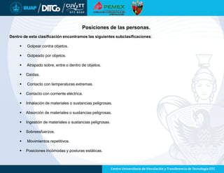 Dentro de esta clasificación encontramos las siguientes subclasificaciones:
 Golpear contra objetos.
 Golpeado por objetos.
 Atrapado sobre, entre o dentro de objetos.
 Caídas.
 Contacto con temperaturas extremas.
 Contacto con corriente eléctrica.
 Inhalación de materiales o sustancias peligrosas.
 Absorción de materiales o sustancias peligrosas.
 Ingestión de materiales o sustancias peligrosas.
 Sobreesfuerzos.
 Movimientos repetitivos.
 Posiciones incómodas y posturas estáticas.
Posiciones de las personas.
 