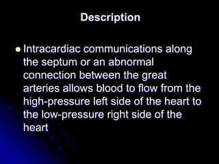 Description
 Intracardiac communications along
the septum or an abnormal
connection between the great
arteries allows blood to flow from the
high-pressure left side of the heart to
the low-pressure right side of the
heart
 