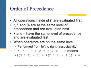 C++ Programming: From Problem Analysis to Program Design, Fourth Edition 23
Order of Precedence
• All operations inside of () are evaluated first
• *, /, and % are at the same level of
precedence and are evaluated next
• + and – have the same level of precedence
and are evaluated last
• When operators are on the same level
− Performed from left to right (associativity)
• 3 * 7 - 6 + 2 * 5 / 4 + 6 means
(((3 * 7) – 6) + ((2 * 5) / 4 )) + 6
 