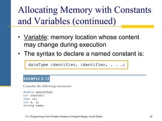 C++ Programming: From Problem Analysis to Program Design, Fourth Edition 32
Allocating Memory with Constants
and Variables (continued)
• Variable: memory location whose content
may change during execution
• The syntax to declare a named constant is:
 