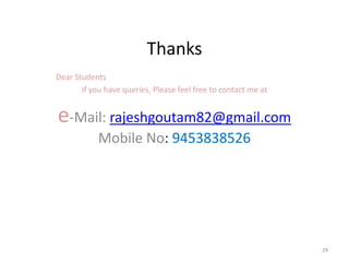 Thanks
Dear Students
If you have queries, Please feel free to contact me at
e-Mail: rajeshgoutam82@gmail.com
Mobile No: 9453838526
29
 