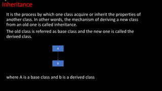 Inheritance
It is the process by which one class acquire or inherit the properties of
another class. In other words, the mechanism of deriving a new class
from an old one is called inheritance.
The old class is referred as base class and the new one is called the
derived class.
where A is a base class and b is a derived class
A
B
 