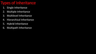 Types of Inheritance
1. Single Inheritance
2. Multiple Inheritance
3. Multilevel Inheritance
4. Hierarchical Inheritance
5. Hybrid Inheritance
6. Multipath Inheritance
 