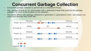 Concurrent Garbage Collection
• Concurrent garbage collection is performed on a dedicated thread.
• This enables threads to run concurrently with a dedicated thread that performs the garbage
collection for most of the duration of the collection.
• This option affects only garbage collections in generation 2; generations 0 and 1 are always non-
concurrent because they finish fast.
 