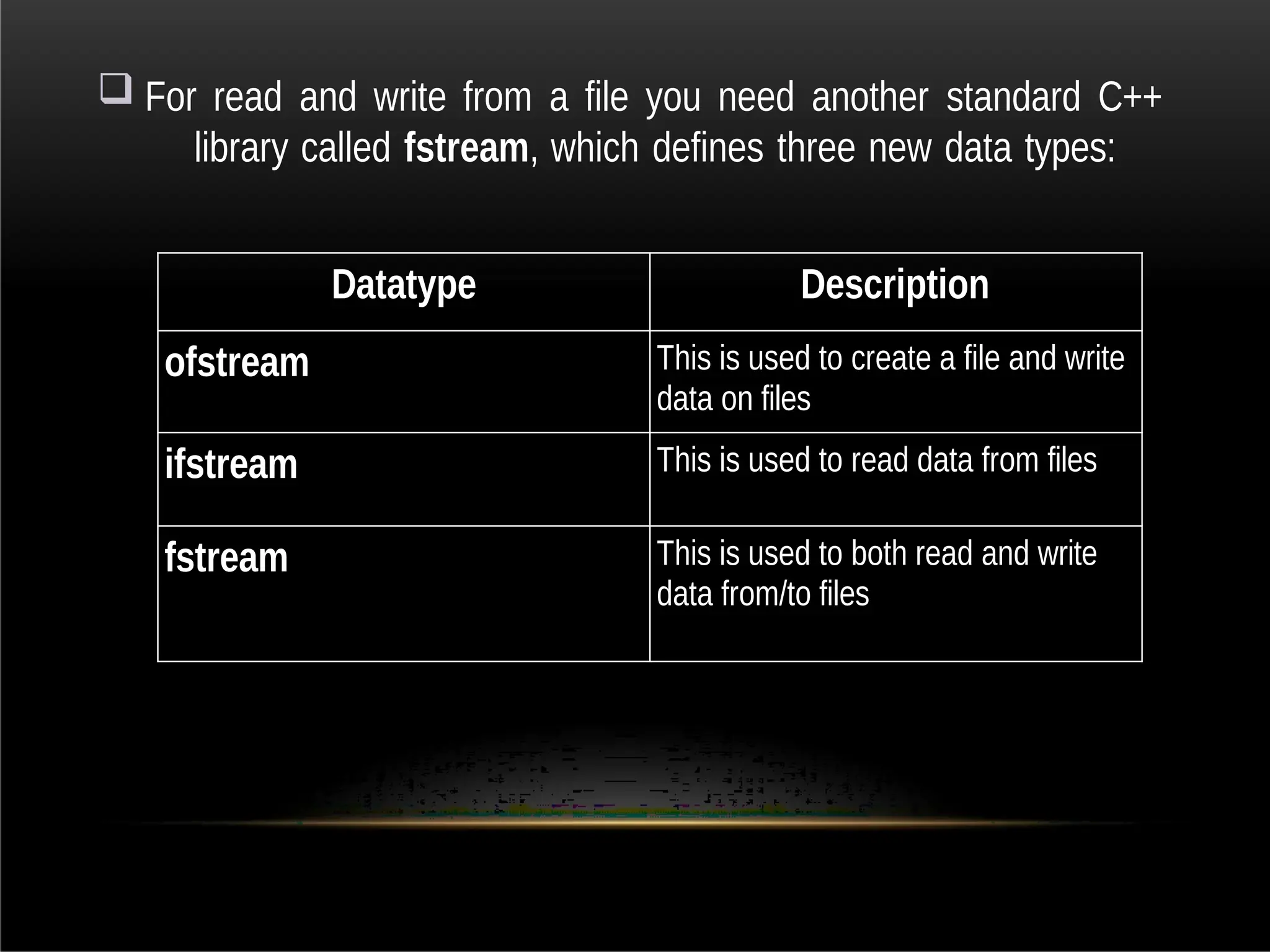 For read and write from a file you need another standard C++
library called fstream, which defines three new data types:
Datatype Description
ofstream This is used to create a file and write
data on files
ifstream This is used to read data from files
fstream This is used to both read and write
data from/to files
 