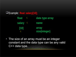 Example: float salary[10];
float 
salary 
[10]

data type array
name
array
size(integer)
• The size of an array must be an integer
constant and the data type can be any valid
C++ data type.
 