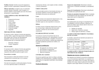 Facilitar el acceso: Facilita el acceso de maquinaria y
equipos al terreno, optimizando el desarrollo de la obra.
Obtener materiales: En algunos casos, los materiales
extraídos durante el desmonte, como la madera o la
biomasa, pueden ser aprovechados para otros fines dentro
del proyecto o comercializados.
CARACTERÍSTICAS DEL MOVIMIENTO DE
TIERRAS
 Preparación del terreno
 Excavación
 Corte y relleno
 Compactación
 Control de agua
 Estabilidad de taludes
 Control de calidad
 Seguridad
PREPARACIÓN DEL TERRENO
Es necesario nivelar y adecuar el terreno para garantizar
una base sólida y segura.Esta etapa inicial es fundamental
para asegurar que el terreno esté adecuadamente
preparado y listo para recibir las estructuras y
infraestructuras que se construirán sobre él.
- Dermonte y desbroce
- Estudio Topográfico
EXCAVACIÓN
Es necesario nivelar y adecuar el terreno para garantizar
una base sólida y segura. En este proceso, el uso de
maquinaria adecuada desempeña un papel crucial.
Excavación en vaciado:
Esta excavación se realiza para alcanzar el nivel de
cimentación de la estructura que se va a construir.
Excavación en desplante:
Este tipo de excavación se realiza para preparar el terreno
en el nivel superficial donde se colocarán las
cimentaciones directas, como zapatas corridas o aisladas,
y losas de cimentación.
CORTE Y RELLENO
Es una actividad crucial en el movimiento de tierras, ya
que permite modificar el terreno para adaptarlo a las
necesidades del proyecto de construcción.
Corte:
El corte consiste en la remoción de material (tierra, roca,
etc.) de áreas elevadas del terreno para bajarlas y
nivelarlas según las cotas requeridas en el proyecto.
Relleno:
El relleno consiste en depositar material (tierra, grava,
etc.) en áreas bajas o depresiones del terreno para
nivelarlas y alcanzar las cotas necesarias para la
construcción.
ESTABILIZACIÓN DE TALUDES
Es un proceso crucial en las primeras fases de un
proyecto de construcción civil, especialmente en terrenos
con pendientes pronunciadas o inestables. Este proceso
implica una serie de técnicas y medidas para asegurar que
los taludes (pendientes) permanezcan estables y no
colapsen
Métodos de estabilización:
 Revegetación con cobertura vegetal
 Revestimiento con geotextiles
 Revestimiento con Mallas de acero
 Muros de contención
CONTROL DE CALIDAD
Este proceso garantiza que todos los trabajos realizados
cumplan con las especificaciones y estándares requeridos,
asegurando así la seguridad, durabilidad y funcionalidad
de la obra.
Pruebas de laboratorio:
Ensayos de compactación: Determinar la relación
óptima entre el contenido de humedad y la densidad del
suelo.
Ensayo de Granulometría: Determinar la distribución
del tamaño de las partículas del suelo.
Pruebas de contenido de humedad: Medir el contenido
de humedad del suelo para asegurar que esté dentro del
rango óptimo para la compactación.
SEGURIDAD
Son fundamentales para proteger la integridad física de
los trabajadores, prevenir accidentes y garantizar un
entorno de trabajo seguro durante todas las fases de un
proyecto de construcción
 Medidas de seguridad
 Supervisión y monitoreo constante
 Manejo seguro de materiales y residuos
CLASIFICACIÓN POR TERRENO Y MATERIAL
DE EXCAVACIÓN
La retirada y reposición de materiales que aparecen en
movimiento de tierras son:
CLASIFICACIÓN Y TIPOS DE MAQUINARIA EN
MOVIMIENTO DE TIERRAS
Máquinas que excavan y trasladan la carga
Son máquinas que efectúan la excavación al desplazarse,
o sea, en excavaciones superficiales. La excepción es la
cargadora, que cuando excava es en banco, pero luego se
traslada con la carga, aunque la aplicación normal de ésta
máquina es para cargar material ya excavado o suelto.
 