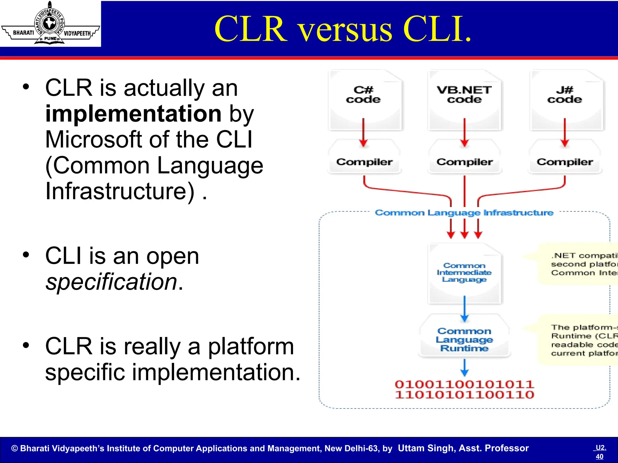 © Bharati Vidyapeeth’s Institute of Computer Applications and Management, New Delhi-63, by Uttam Singh, Asst. Professor U2.
40
CLR versus CLI.
• CLR is actually an
implementation by
Microsoft of the CLI
(Common Language
Infrastructure) .
• CLI is an open
specification.
• CLR is really a platform
specific implementation.
 