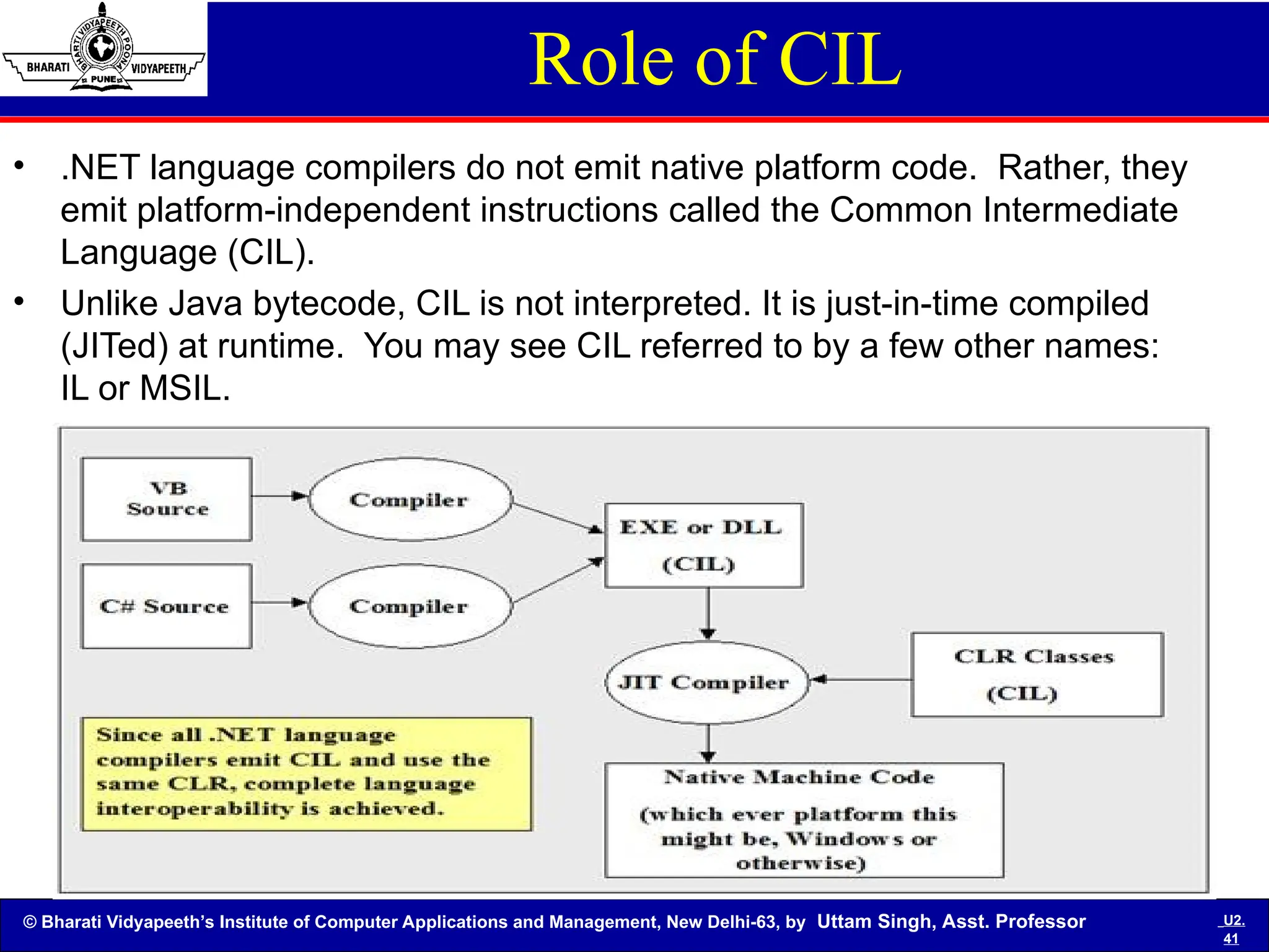 © Bharati Vidyapeeth’s Institute of Computer Applications and Management, New Delhi-63, by Uttam Singh, Asst. Professor U2.
41
Role of CIL
• .NET language compilers do not emit native platform code. Rather, they
emit platform-independent instructions called the Common Intermediate
Language (CIL).
• Unlike Java bytecode, CIL is not interpreted. It is just-in-time compiled
(JITed) at runtime. You may see CIL referred to by a few other names:
IL or MSIL.
 