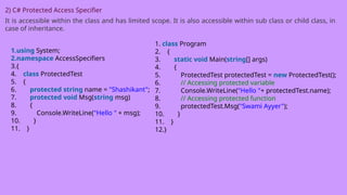2) C# Protected Access Specifier
It is accessible within the class and has limited scope. It is also accessible within sub class or child class, in
case of inheritance.
1.using System;
2.namespace AccessSpecifiers
3.{
4. class ProtectedTest
5. {
6. protected string name = "Shashikant";
7. protected void Msg(string msg)
8. {
9. Console.WriteLine("Hello " + msg);
10. }
11. }
1. class Program
2. {
3. static void Main(string[] args)
4. {
5. ProtectedTest protectedTest = new ProtectedTest();
6. // Accessing protected variable
7. Console.WriteLine("Hello "+ protectedTest.name);
8. // Accessing protected function
9. protectedTest.Msg("Swami Ayyer");
10. }
11. }
12.}
 