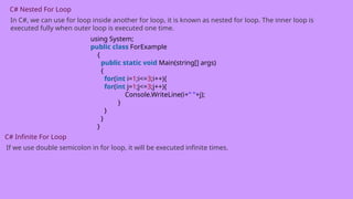 C# Nested For Loop
In C#, we can use for loop inside another for loop, it is known as nested for loop. The inner loop is
executed fully when outer loop is executed one time.
using System;
public class ForExample
{
public static void Main(string[] args)
{
for(int i=1;i<=3;i++){
for(int j=1;j<=3;j++){
Console.WriteLine(i+" "+j);
}
}
}
}
C# Infinite For Loop
If we use double semicolon in for loop, it will be executed infinite times.
 