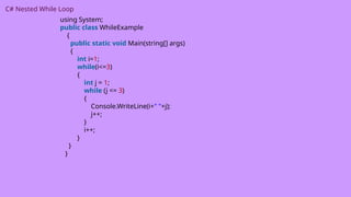 C# Nested While Loop
using System;
public class WhileExample
{
public static void Main(string[] args)
{
int i=1;
while(i<=3)
{
int j = 1;
while (j <= 3)
{
Console.WriteLine(i+" "+j);
j++;
}
i++;
}
}
}
 
