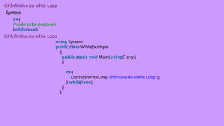 C# Infinitive do-while Loop
Syntax:
do{
//code to be executed
}while(true);
C# Infinitive do-while Loop
using System;
public class WhileExample
{
public static void Main(string[] args)
{
do{
Console.WriteLine("Infinitive do-while Loop");
} while(true);
}
}
 