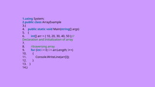 1.using System;
2.public class ArrayExample
3.{
4. public static void Main(string[] args)
5. {
6. int[] arr = { 10, 20, 30, 40, 50 };//
Declaration and Initialization of array
7.
8. //traversing array
9. for (int i = 0; i < arr.Length; i++)
10. {
11. Console.WriteLine(arr[i]);
12. }
13. }
14.}
 