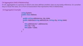 C# Aggregation (HAS-A Relationship)
In C#, aggregation is a process in which one class defines another class as any entity reference. It is another
way to reuse the class. It is a form of association that represents HAS-A relationship.
C# Aggregation Example
using System;
public class Address
{
public string addressLine, city, state;
public Address(string addressLine, string city, string state)
{
this.addressLine = addressLine;
this.city = city;
this.state = state;
}
}
 
