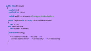 public class Employee
{
public int id;
public string name;
public Address address;//Employee HAS-A Address
public Employee(int id, string name, Address address)
{
this.id = id;
this.name = name;
this.address = address;
}
public void display()
{
Console.WriteLine(id + " " + name + " " +
address.addressLine + " " + address.city + " " + address.state);
}
}
 