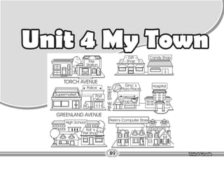 Lesson My Town
89
Unit 4 My Town
TORCH AVENUE
Police
Post
Office
GREENLAND AVENUE
PINE
STREET
CENTRAL AVENUE
Fire
Station
Gift
Shop
Candy Shop
Hospital
Gino´s
Pizza Place
Coffee
Shop
Supermarket
High School
Kat´s
Pet Shop
Enter on Torch Ave. Enter on Torch Ave.
Perrin’s Computer Store
Enter on Greenland Ave.
 