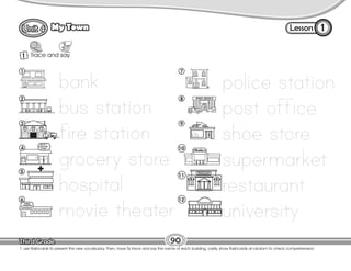Lesson
My Town
1 Trace and say.
1
90
T. use flashcards to present the new vocabulary. Then, have Ss trace and say the name of each building. Lastly, show flashcards at random to check comprehension.
police station
post office
shoe store
supermarket
restaurant
university
bank
bus station
fire station
grocery store
hospital
movie theater
1
2
3
4
5
6
7
8
9
12
11
10
Restaurant
 