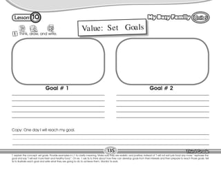 Lesson My Busy Family
T. explain the concept: set goals. Provide examples in L1 to clarify meaning. Make sure they are realistic and positive; instead of “I will not eat junk food any more.” rephrase the
goal and say “I will eat more fresh and healthy food.”. On ex. 1 ask Ss to think about how they can develop goals from their interests and then prepare to reach those goals. Tell
Ss to illustrate each goal and write what they are going to do to achieve them. Monitor Ss work.
135
1 Think, draw, and write.
10
Value: Set Goals
Copy: One day I will reach my goal.
Goal # 1 Goal # 2
 
