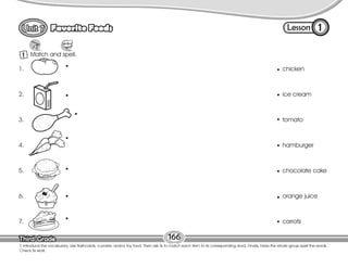 Lesson
Favorite Foods
Third Grade
Third Grade
1 Match and spell.
1
166
T. introduce the vocabulary. Use flashcards, a poster, and/or toy food. Then ask Ss to match each item to its corresponding word. Finally, have the whole group spell the words.
Check Ss work.
chicken
ice cream
tomato
hamburger
chocolate cake
orange juice
carrots
1.
2.
3.
4.
5.
6.
7.
 