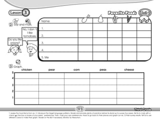 Lesson Favorite Foods
Third Grade
Third Grade
3
2 Say and mark.
173
T. review the food items from ex. 2. Introduce the target language patterns. Model and provide plenty of practice before Ss stand up to survey four peers. Tell Ss to mark with a
check ( ) the box or boxes of your peers´ preferences. Then, mark your own preferences. Have Ss go back to their places and graph (on ex. 3) their survey results. Tell Ss to use
different colors to make their graph. Model on the Bb if necessary. Monitor Ss interaction.
3 Graph.
chicken
Name:
1.
2.
3.
4.
5. Me
1
2
3
4
5
pear corn peas cheese
No, I don´t.
I like
tomatoes.
Do you like
onions?
 